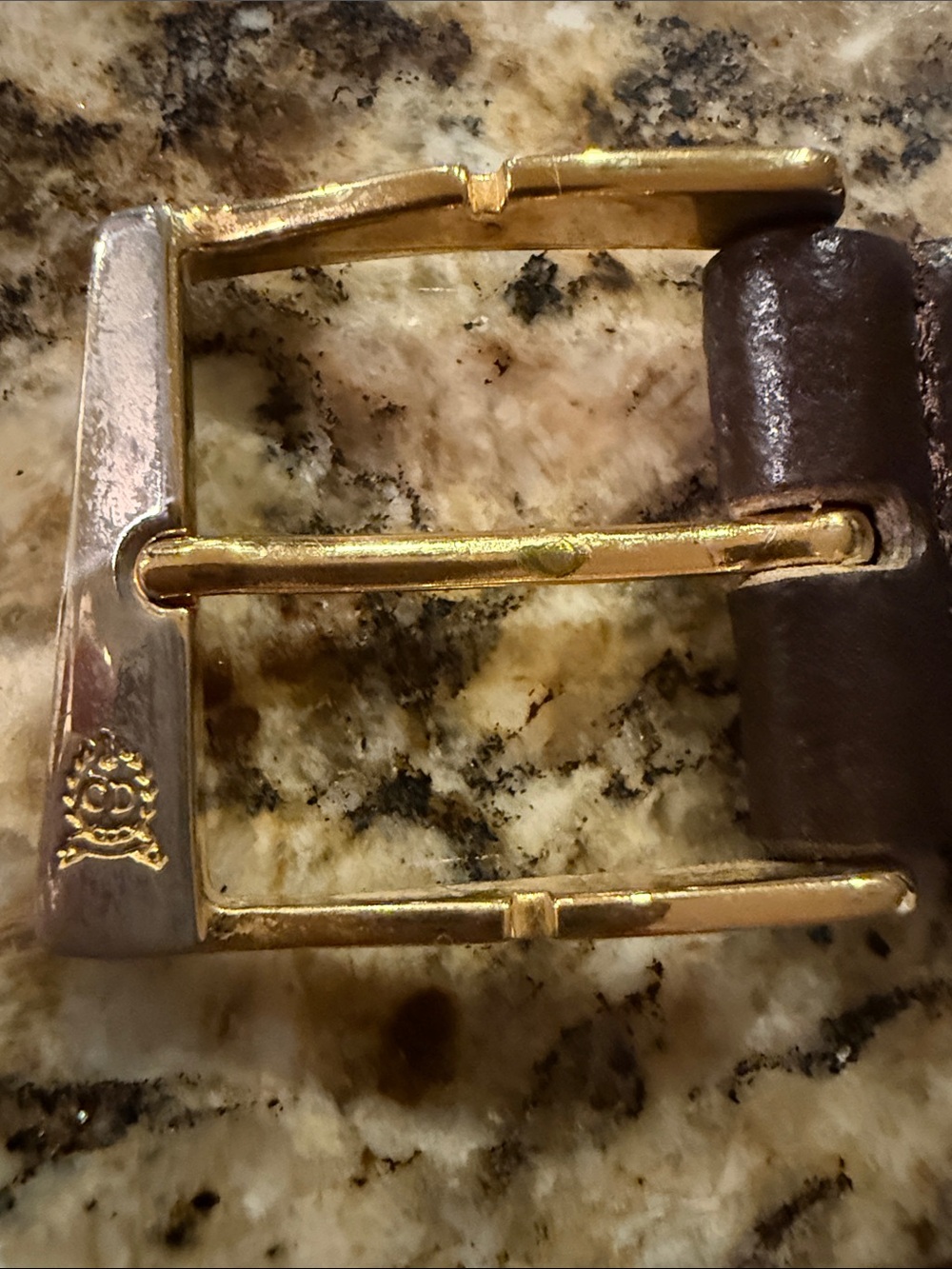 Vintage C DIOR Gold-Tone Metal Belt Buckle with Brown Leather Loop